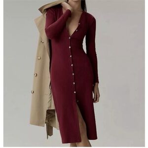 Anthropologie Grey State Button Front Ribbed Knit Dress Size M Raspberry Red